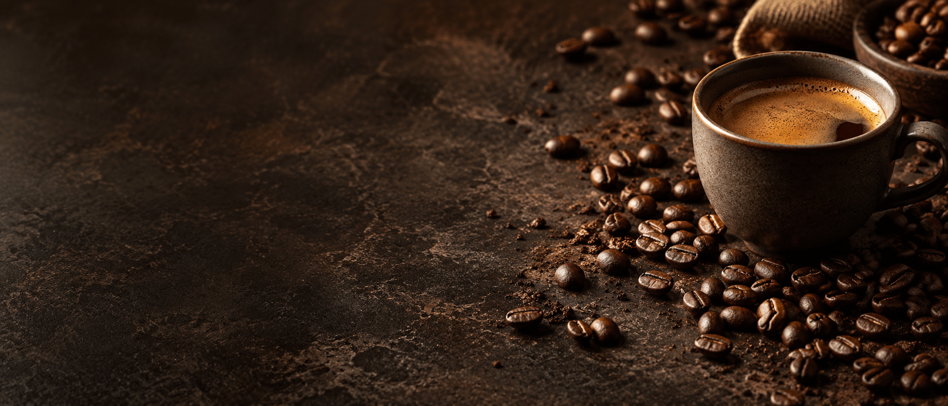 Coffee beans and espresso cup on a dark brown surface