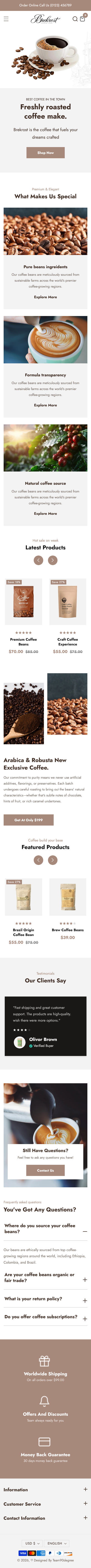 Responsive Brekrost coffee storefront on mobile